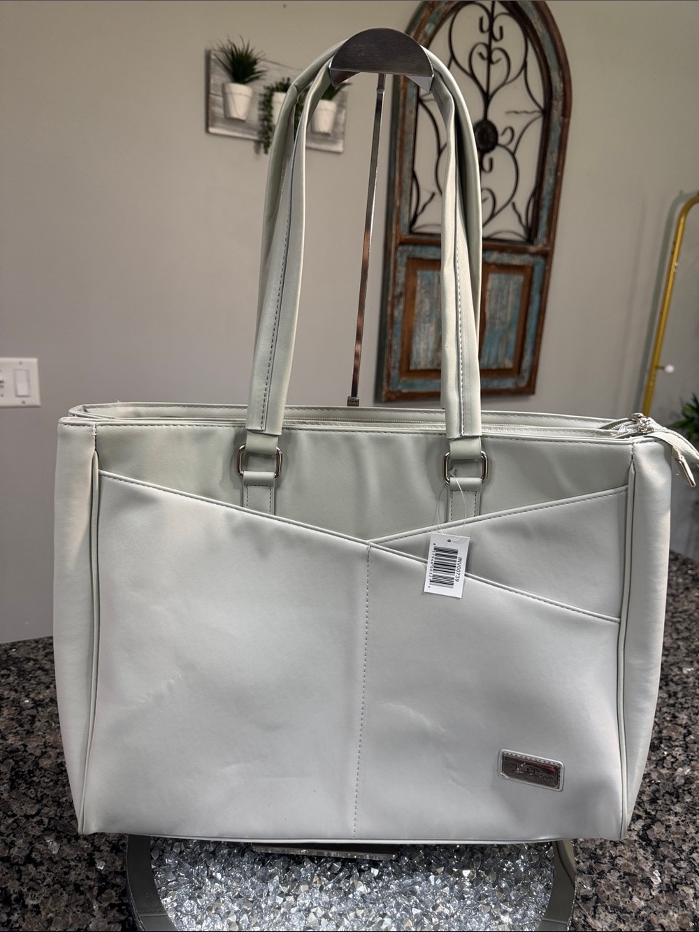 Bella Russo gray Structured Tote Bag with padded laptop compartment NWT